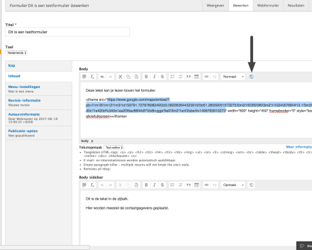 Klik op wereldbolletje om een IFrame toe te voegen. Dit is het laatste icoontje in de opmaakbalk.