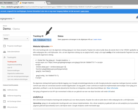 Ga naar Google Analtytics en kopieer je trackingcode.