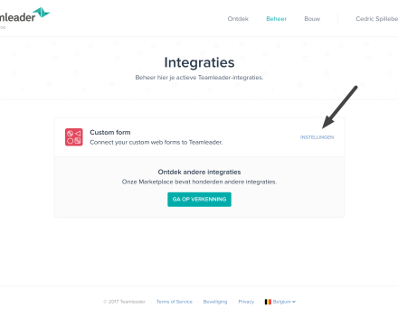 Er opent een nieuw tabblad met daarin de Marketplace van Teamleader. Daar zal je 'Custom Form' zien staan. Klik daar op 'Instellingen'.