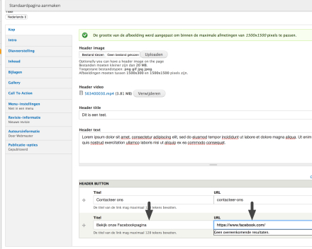 Je tikt de tekst die op je knop moet komen bij 'Titel'. Je kan ook verwijzen in je knop naar een externe website. Daarvoor moet je de volledige link (start met http://...) plakken bij URL.