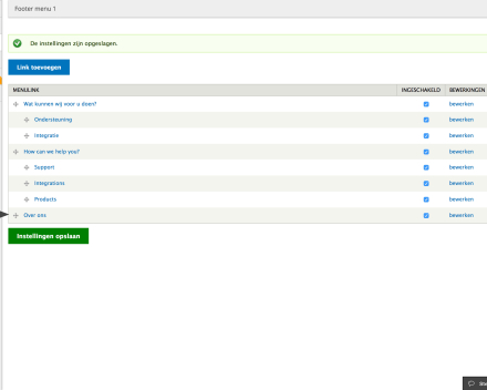 Het knopje werd toegevoegd aan het 'Footer menu'.