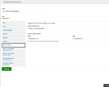 Bij 'Call to action' kan je een aanzet tot actie invoegen.