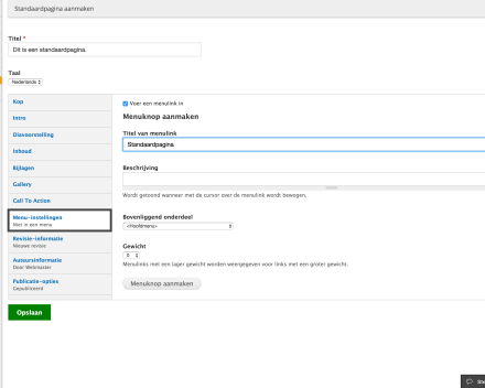 Bij 'Menu-instellingen' kan je een menuknopje voorzien voor die pagina.