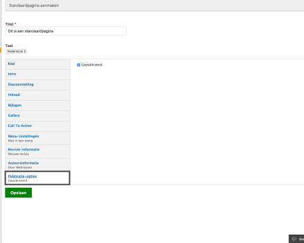 Bij 'Publicatie-opties' kan je kiezen als de pagina al dan niet gepubliceerd zal worden. Kies je om de pagina te publiceren, kan iedereen de pagina zien. Kies je om de pagina niet te publiceren, kan enkel een ingelogde gebruiker die pagina zien.