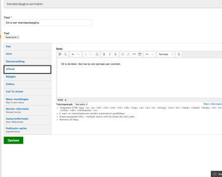 Bij 'Inhoud' kan je een de tekst voor je pagina toevoegen. Aan deze tekst kan je opmaak voorzien.