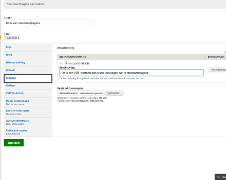 Bij 'Bijlagen' kan je PDF-bestanden toevoegen. Je kan een beschrijvingen bijvoegen. Die beschrijving wordt ook getoond.
