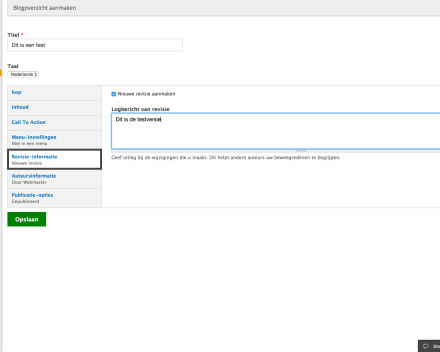 Bij 'Revisie-informatie' kan je een logberichtje voorzien aan deze versie. Op die manier kan je snel bij 'Revisies' die versie terugvinden.