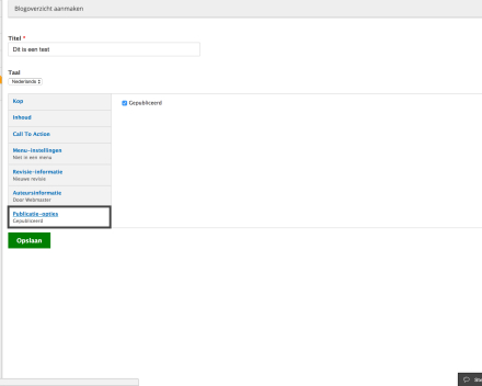 Bij 'Publicatie-opties' kan je kiezen als je de pagina al dan niet wil publiceren. Als je de pagina publiceert, dan is ze zichtbaar voor iedereen. Depubliceer je de pagina, dan kan enkele een ingelogde bezoeker die pagina zien.