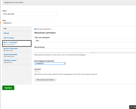 Klik op 'Menu-instellingen'. Hier kan je een menuknopje instellen voor die pagina.