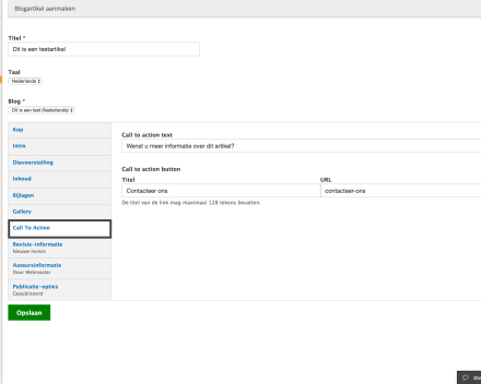 Vul de 'Call to action' in.