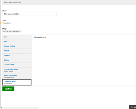 Bij 'Publicatie-opties' kan je kiezen als de pagina al dan niet gepubliceerd worden. Als de pagina gepubliceerd is, dan zal iedereen de pagina zien. Als de pagina niet gepubliceerd is, dan zal enkel een ingelogde gebruiker de pagina kunnen zien. 
