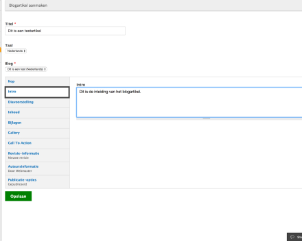 Bij 'Intro' kan je een inleiding kiezen die ook getoond zal worden op het blogoverzicht.