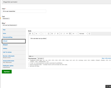 Bij 'Inhoud' kan je de tekst van je artikel schrijven. Hier kan je ook opmaak voorzien aan je tekst.