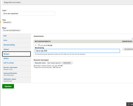 Bij 'Bijlagen' kan je PDF-bestanden toevoegen. Je kan daarnaast ook een beschrijving toevoegen aan je bestand. Die beschrijving zal ook getoond worden.