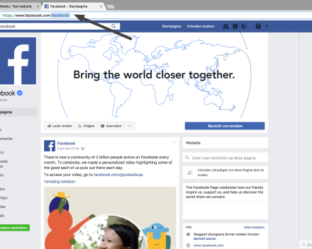 Je gaat naar je sociale mediakanaal bijvoorbeeld Facebook. In de URL bovenaan de pagina selecteer je het stukje dat in het lichtgrijs staat.