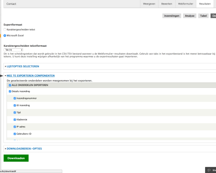 Bij 'Mee te exporteren componenten' kan je kiezen welke velde er moeten opgenomen worden in het bestand.
