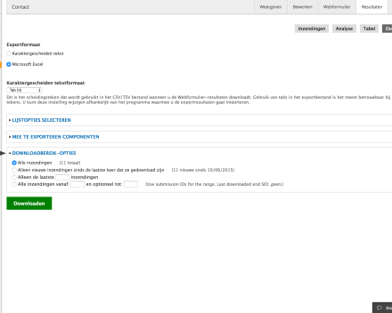Bij 'Downloadbereik-opties' kan je kiezen van welke inzendingen je een Excel-bestand wil downloaden.