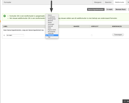 Bij 'Type' kan je kiezen welk soort veld je wil toevoegen.