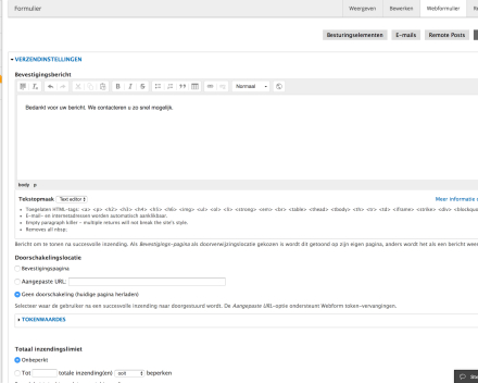 Bij 'Formulierinstellingen' kan je extra instellingen toevoegen zoals bijvoorbeeld een bevestigingsbericht en een verzendknop.