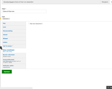 Zorg ervoor dat er een menuknopje wordt ingesteld voor deze pagina. Voor een landingspagina moet dit niet gebeuren.