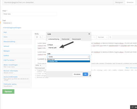 Kies voor 'Internal path' om te verwijzen naar een bestaande pagina in de website zelf.