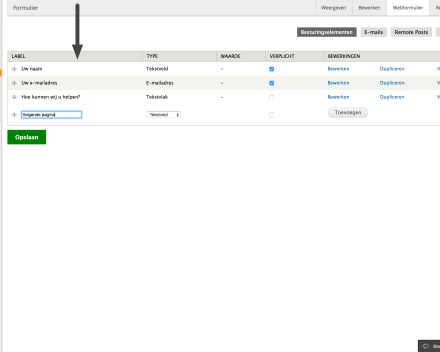 Bij 'Label' tik je de titel van het veld bijvoorbeeld 'Volgende pagina'. Dit zal je niet zien op het formulier zelf.