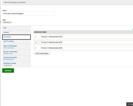 Als je op 'Overzicht' klikt, dan kan je blokken toevoegen aan je pagina. Je tikt daarvoor de titel van de pagina die je wil toevoegen aan je overzicht. Je kan de volgorde van de blokken veranderen door de kruisjes te verslepen van plaats.