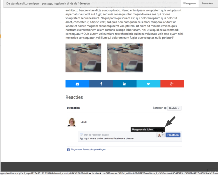 Je kiest in welke naam je de reactie op Facebook wil plaatsen. Je kan bijvoorbeeld ook kiezen om te reageren vanuit een pagina die je beheert.
