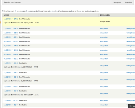 Je krijgt een overzicht van alle versies die ooit van die pagina zijn aangemaakt. De versies staan volgens datum opgesteld.