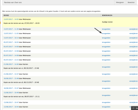 Om een versie terug te zetten, klik je op 'Terugzetten'.