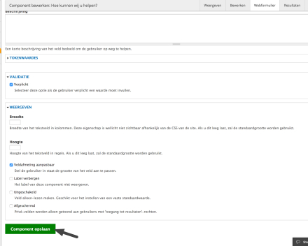 Je komt op een nieuwe pagina waar je extra opties kan kiezen voor je veld. Je kan dit gerust overslaan en meteen klikken op 'Component opslaan'.